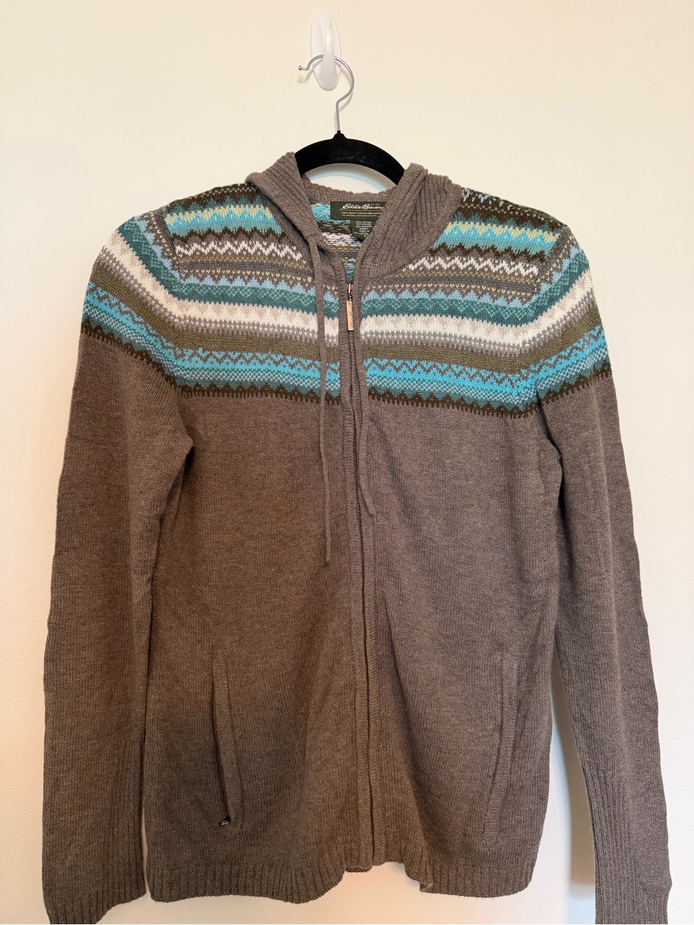 Eddie Bauer Brown Hooded Zip Sweater with Aqua and White Fair Isle Yoke